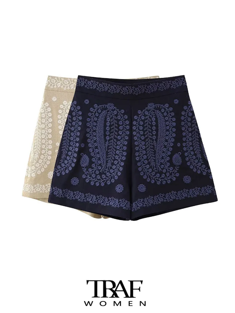 

TRAF Women Fashion Paisley Embroidery Linen Shorts Vintage High Waist Side Zipper Female Short Pants Mujer