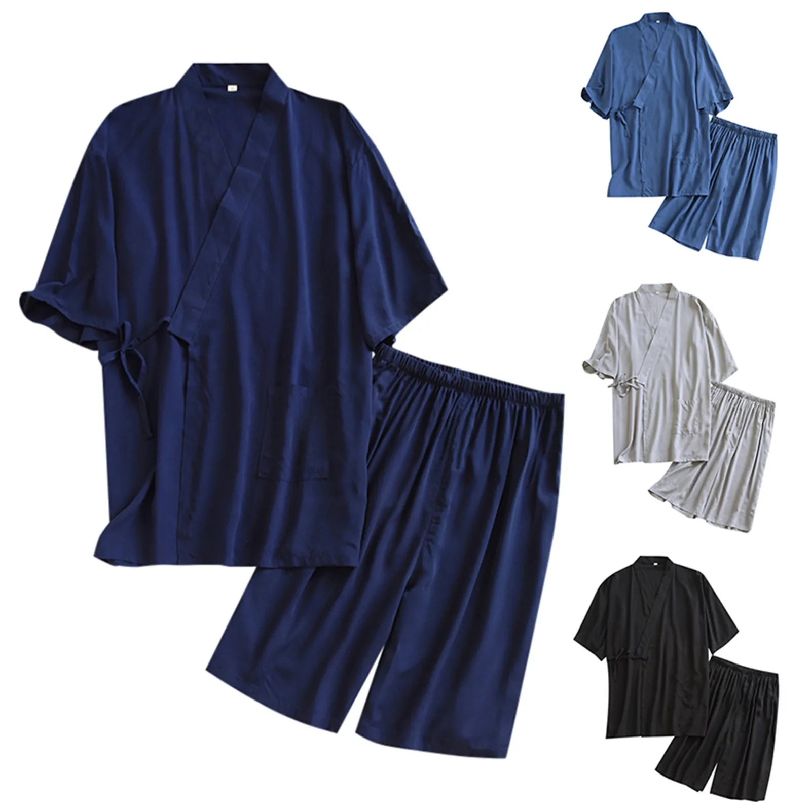 Japanese Homewear Pajamas Vintage Short Sleeve Ties Top Elastic Waist Five-Point Pants Summer Loose Breathable Thin 2 Piece Set