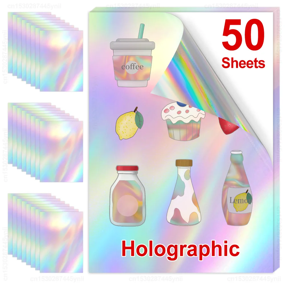 

50 Sheets Holographic Printable Vinyl Sticker Paper A4 Glossy White Self-adhesive Copy Paper DIY Crafts Label for Inkjet Printer