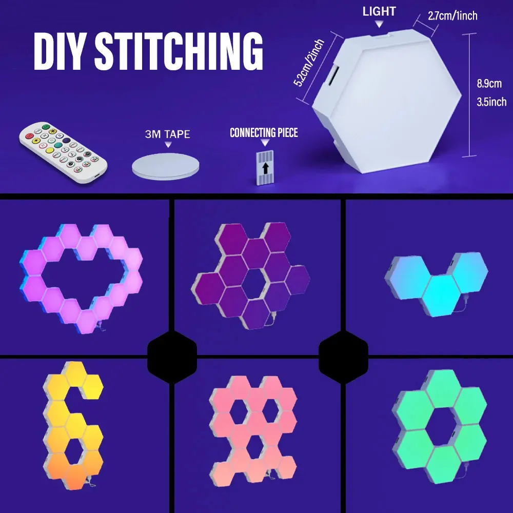 Smart RGB Hexagon LED Wall Panels USB Powered – DIY Modular Ambient Lighting, Color Changing, Dimmable with App & Music Sync for Gaming Room