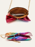 Luxury Metallic Vegan Leather Handbag Colorful Stripes Patchwork Sweet PU Bow knot Clutch Metal Chain Crossbody Bag Funky Y2K - Image 4