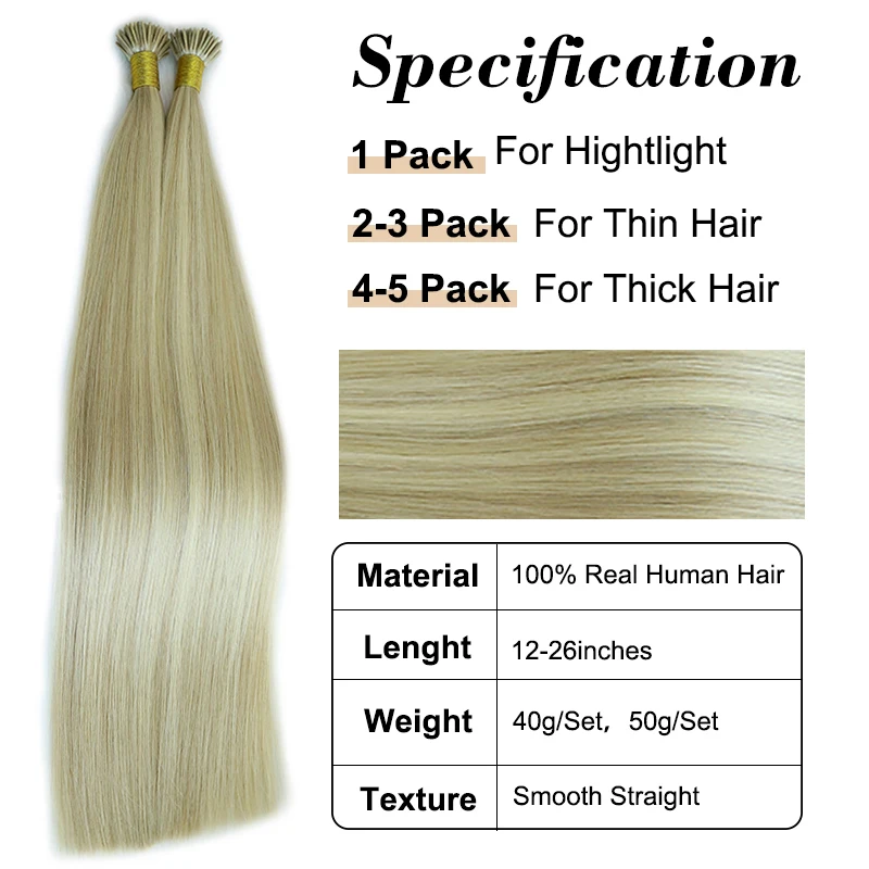 Straight I Tip Hair Extensions Real Human Fusion Hair Original Natural For Capsule Extension 12-26inch Multicolor 40g/50g