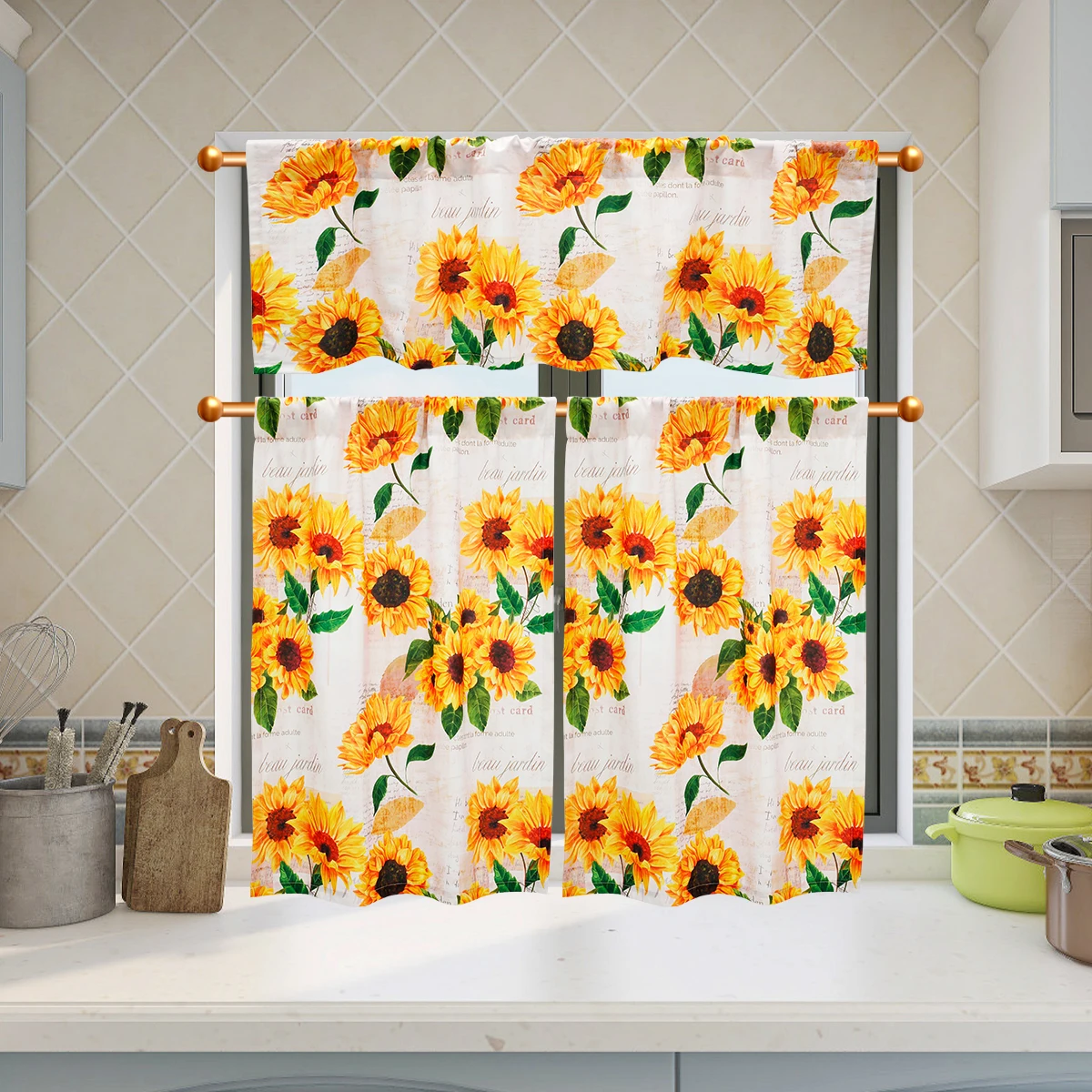 3Pc Curtains With Valance and Washable Tier Sunflower Curtain Set with Light Filtering Polyester Curtains for Home Kitchen Decor