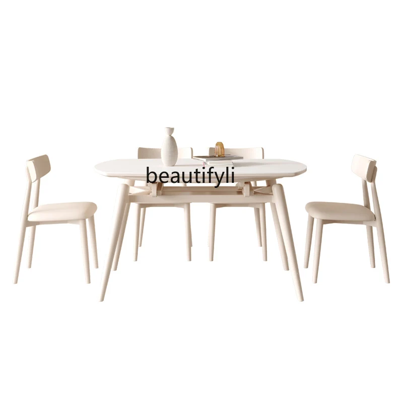 

Light Luxury Stone Plate Dining Table Silent Cream Wind Retractable round Table Household Rectangular Dining Table