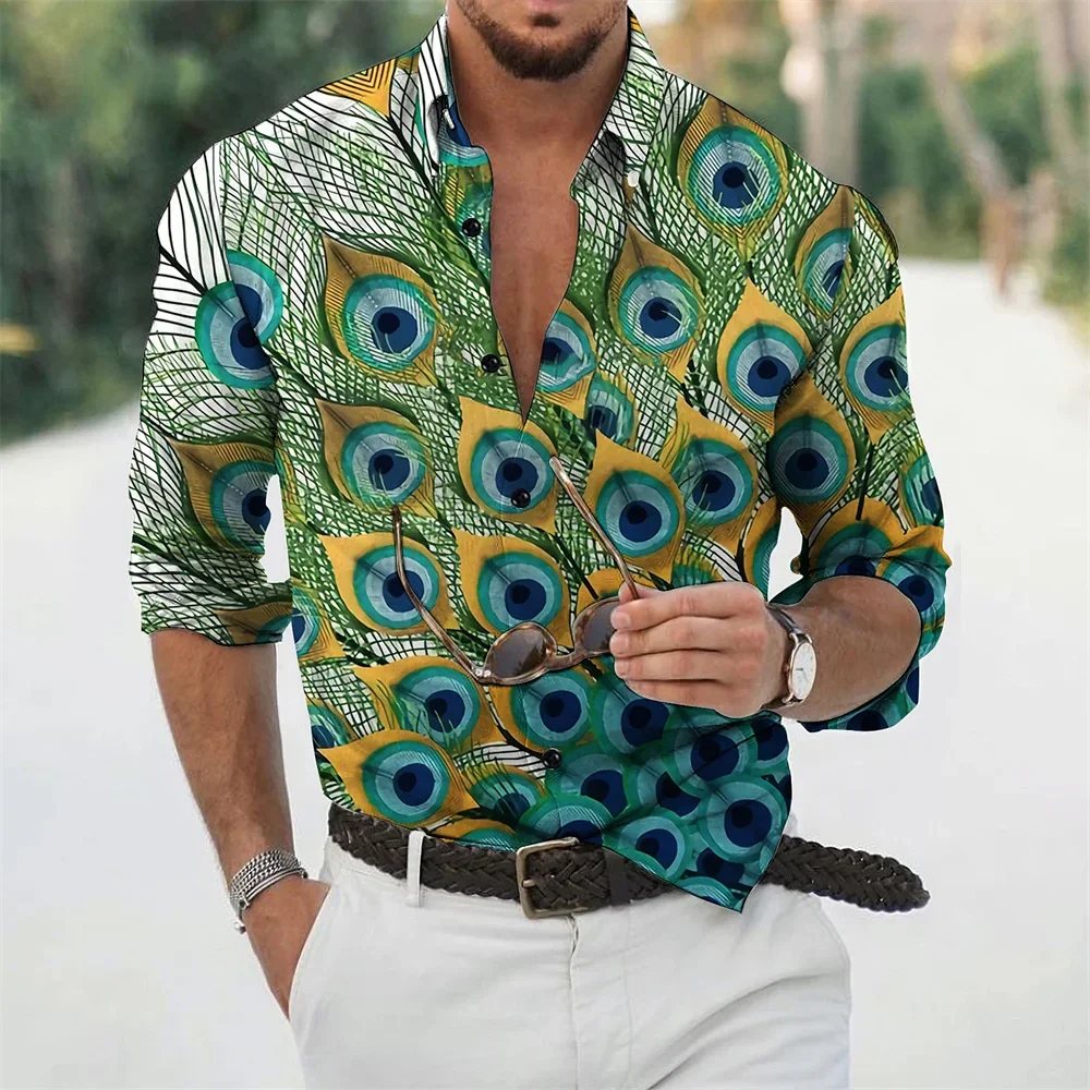 

2024 Summer New Men's Peacock 3D Printed Polo Collar Long sleeved Men's Shirt Street Fashion Daily Vacation Top