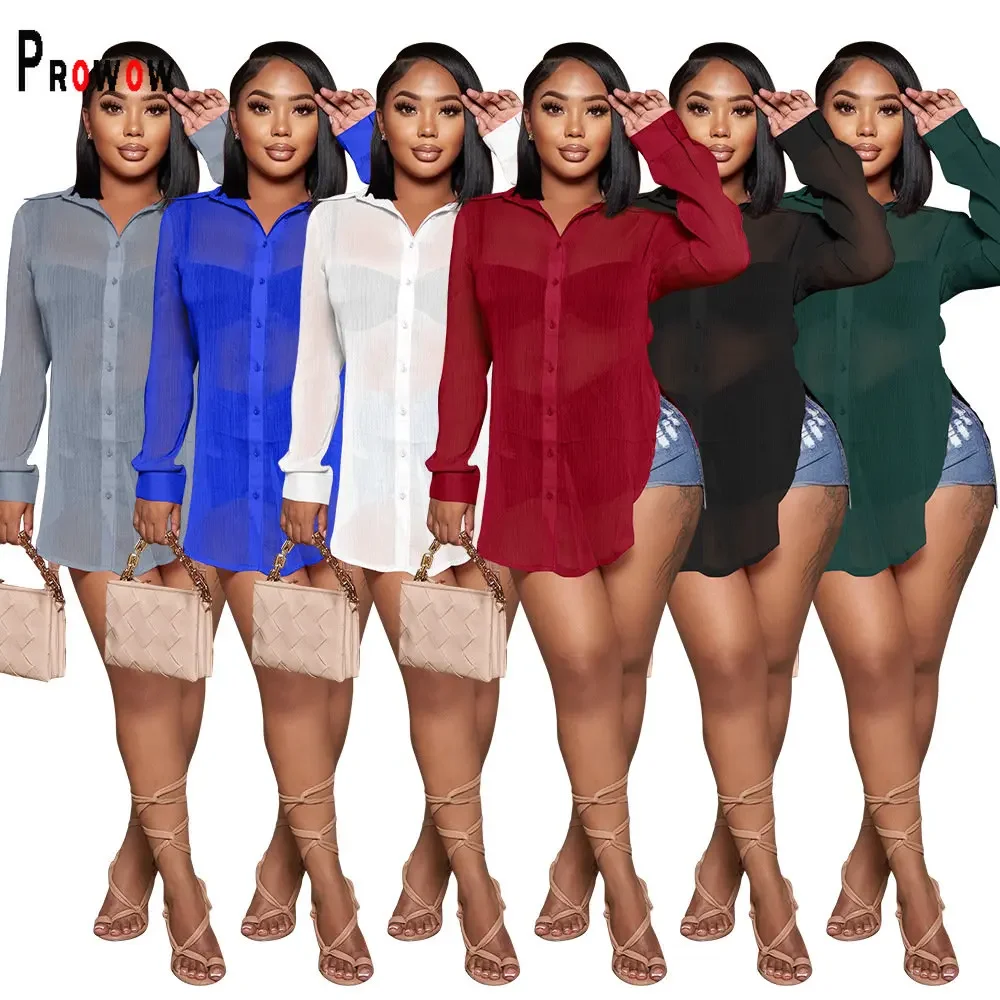 

Женские прозрачные сетчатые блузки Prowow, тонкие однотонные летние и осенние Топы, одежда для женского ночного клуба, пляжные накидки, женские рубашки