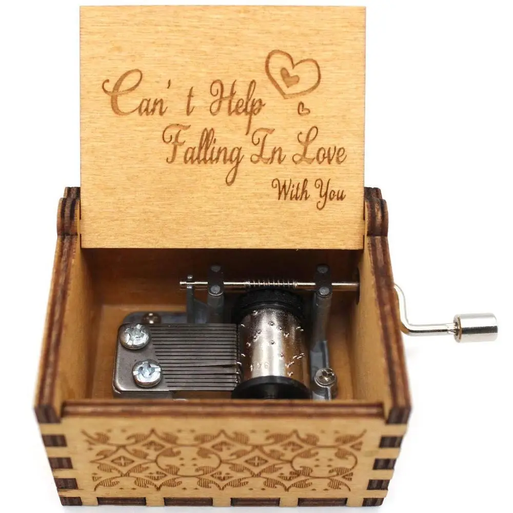 Wooden Hand-Cranked Music Box Vintage Engraving Music Box Can't Help Falling in Love Valentines Day Gift Birthday Presents 3
