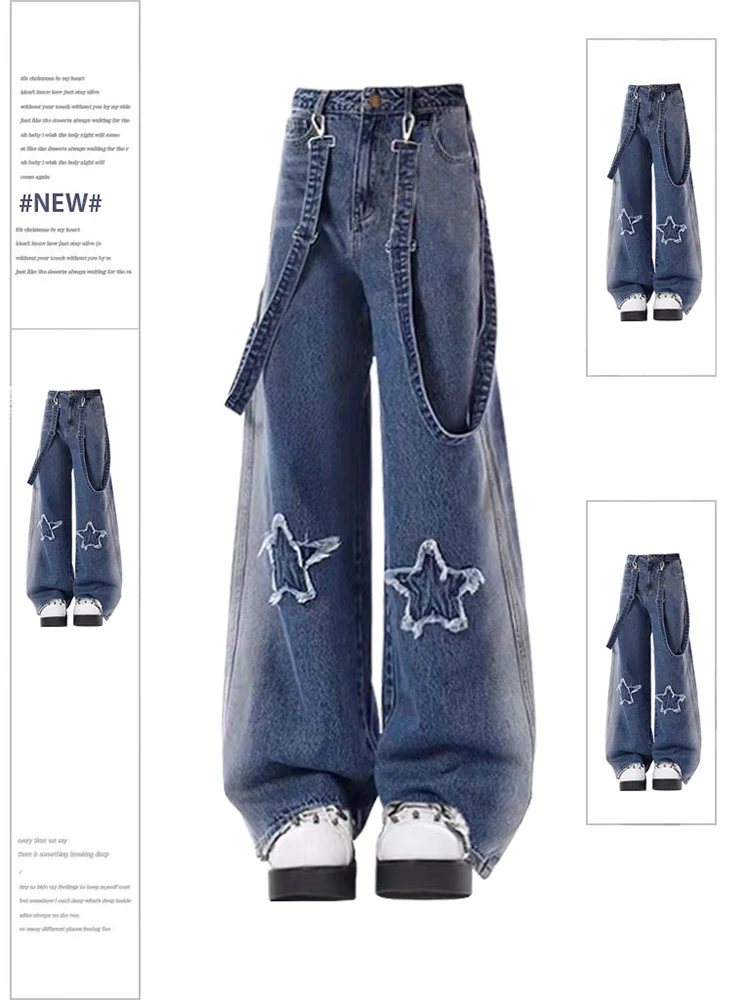 

Women Blue Y2k Star Jeans Baggy Harajuku Denim Trousers Japanese 2000s Style Wide Leg Jean Pants Vintage Trashy Oversize Clothes