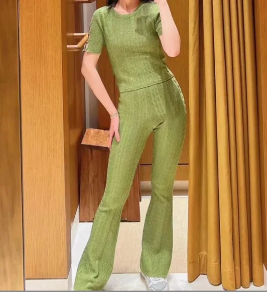 

Women's Casual Knitted Sets Solid Metal Buckle O-neck Short Sleeve Tops or Elastic Waist Pants Spring Summer New