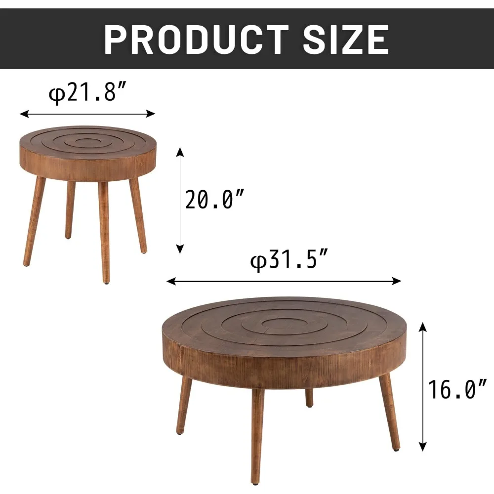 Round Coffee Table Set of 2, 2 Piece Farmhouse Nesting Table w Wooden Circle Sleeve Pattern, Modern MDF End Table for Living Roo 2