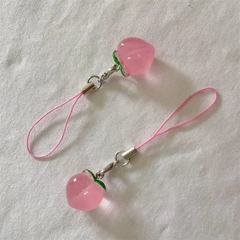 투명 복숭아 휴대폰 참 귀여운 키체인, 투명 핑크 젤리 과일, 미적인 선물 액세서리, y2k 하라주쿠 스트랩, 귀여운 스트링 상품 이미지