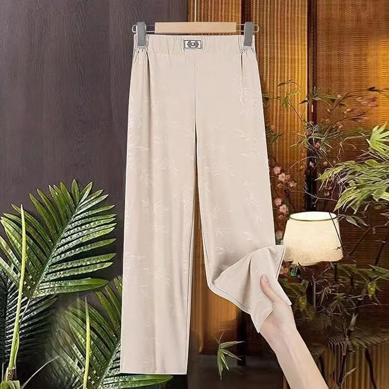 Vintage Jacquard Spring Women Loose Casual Pants New Temperament All-match Elastic Waist Sagging Sensation Straight Leg Pants