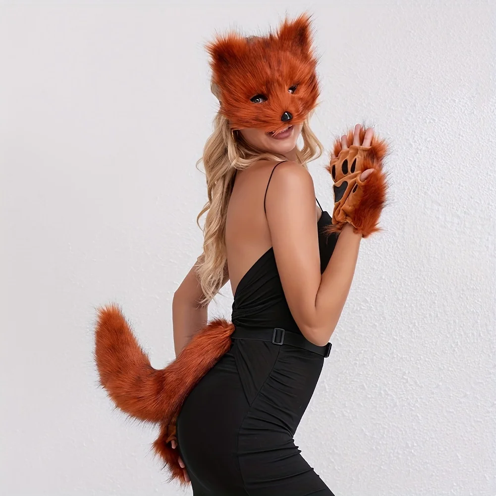 Fluffy Fur Fox Tail  Cat Paws Gloves Set - Wolf Mask Halloween Cosplay Accessories