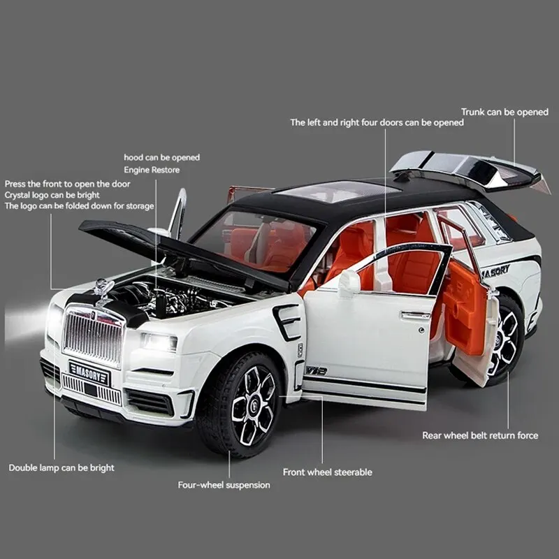 RRCullinan SUV 모델 자동차 장난감, 아연 합금 풀백 다이캐스트 장난감 자동차, 소리와 빛이 나는 어린이 보, 1:24 체중계