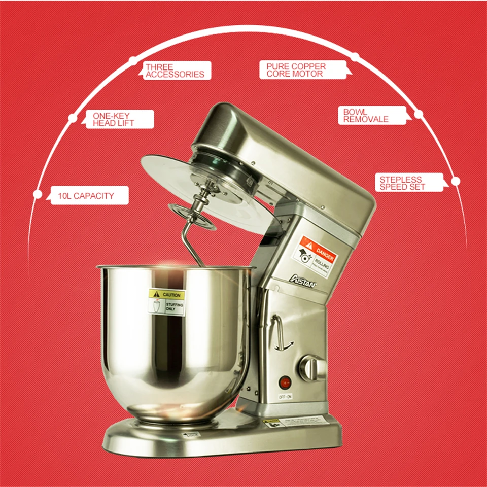 AST-B10S Electric Stand Mixer for Kitchen Planetary Food Mixer with Cover Dough Hook Flat Beater Wire Whip 5/7/10 Liters S.steel 5