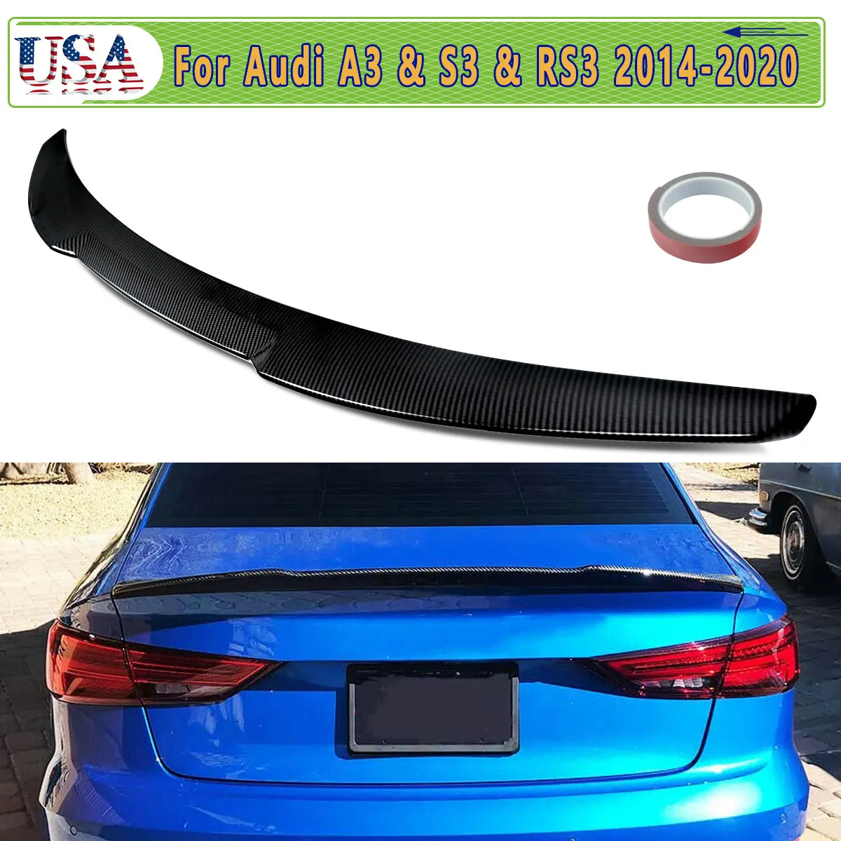 

For Audi A3 S3 RS3 Sedan 2014-2020 V-Type Car Spoiler Wing Body Kit Carbon Fiber Style Accessories Rear Trunk Spoiler