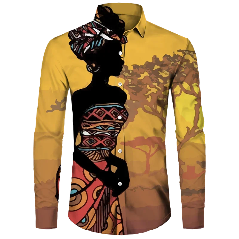 thumbnail image 1 of Camisas de manga larga con botones y estampado 3D de estilo étnico africano para hombres y mujeres, camisetas Dashiki folclóricas personalizadas, ropa vintage para parejas, 1 of 5