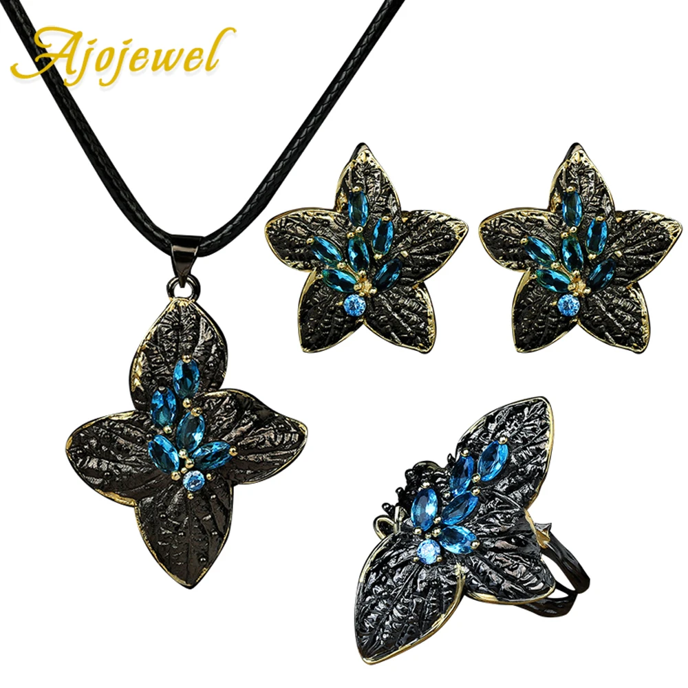 

Ajojewel Golden Black Flower Design Jewelry Set Vintage Blue Cubic Zirconia Ring Women Accessories Retro Items