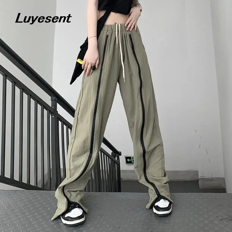 

Women Long Zipper Design Wide Leg Pants 2023 Autumn Lady Army Green Draw String Casual Sport Pant Harajuku Street Empire Trouser
