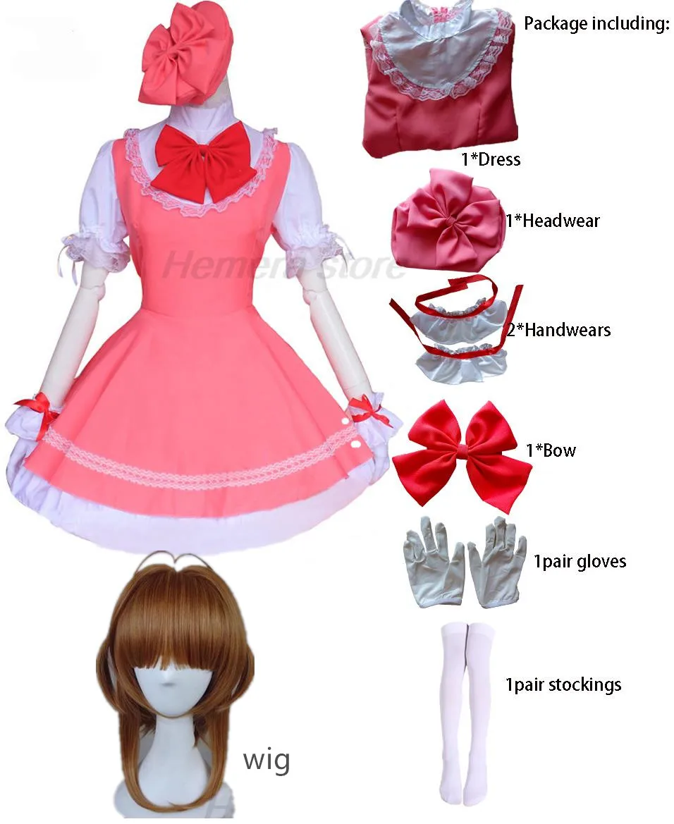 thumbnail image 1 of Vestido de princesa Sakura Carcaptor rosa para niñas de Anime, disfraz de Cosplay, vestido de Lolita para niños, uniforme de combate con cartas, delantal, vestido con sombrero, 1 of 5