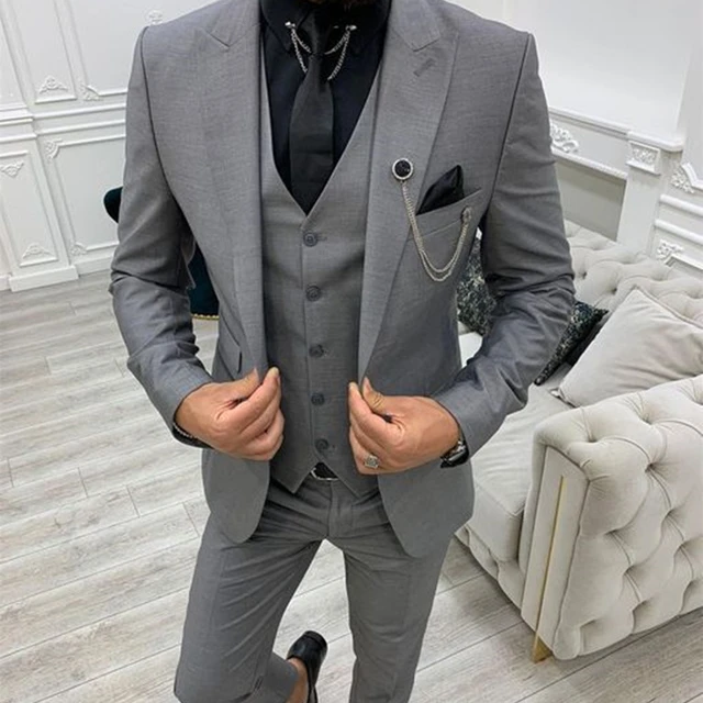 Trajes de color gris oscuro hombre, traje ajustado a la moda para boda, esmoquin para baile de graduación, Blazer de diseño para hombre (chaqueta + Pantalones + chaleco) 2022 _ - AliExpress Mobile