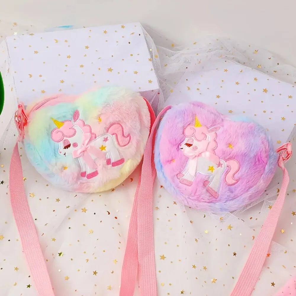 Licorne mignonne pour filles, sac à bandoulière en peluche avec fermeture éclair en forme de cœur, sacoche, porte-monnaie, portefeuille, sac à bandoulière, cadeau pour enfants, petit sac à dos