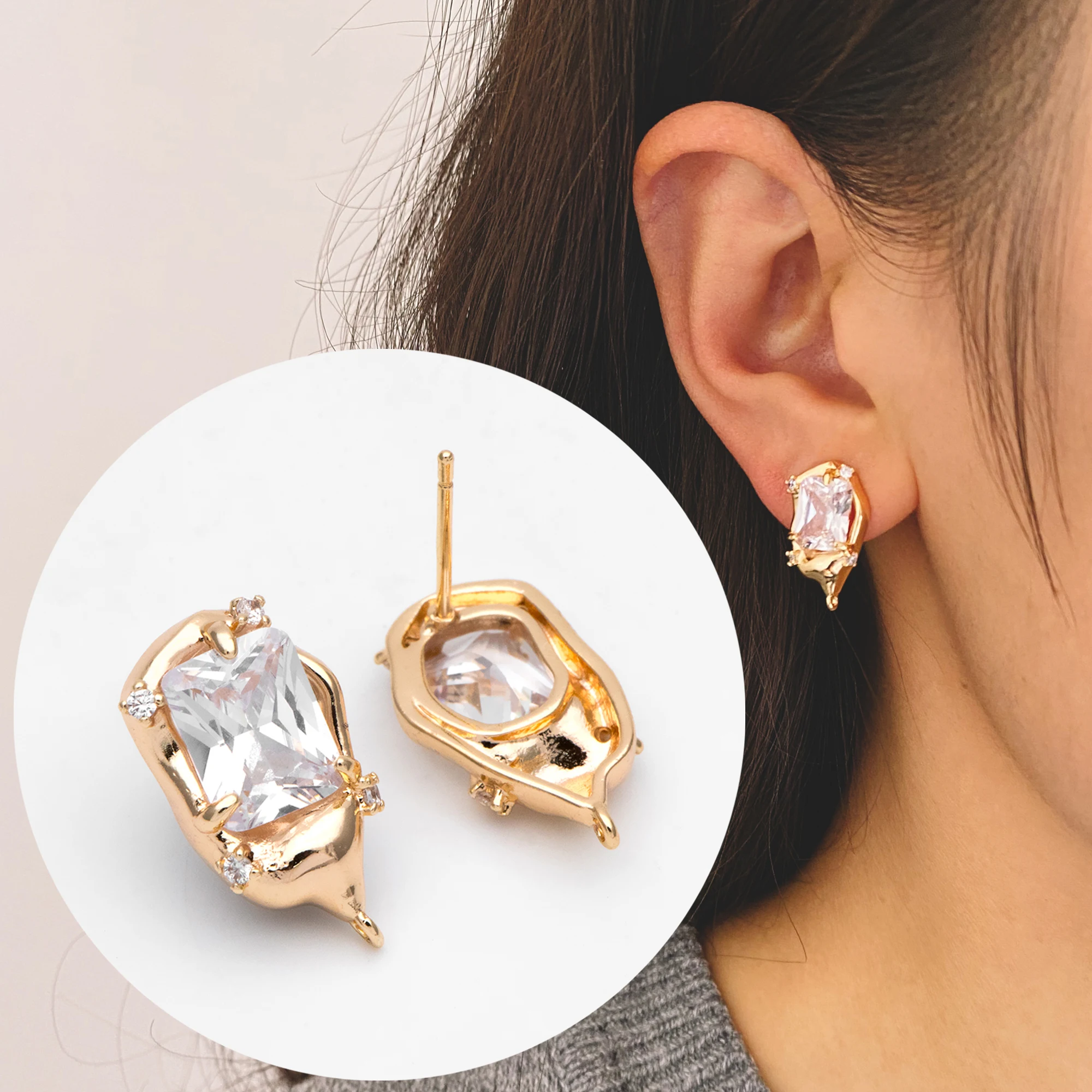 

4pcs Irregularity Stud Earrings, CZ Paved Ear Posts 19x11mm, Gold Plated Brass Earring Findings (GB-3152)