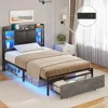 Twin Bed Frames with Headboard and 2 Storage Drawers, Twin Bed Frame with Charging Station and Led Lights,No Box Spring Needed 1