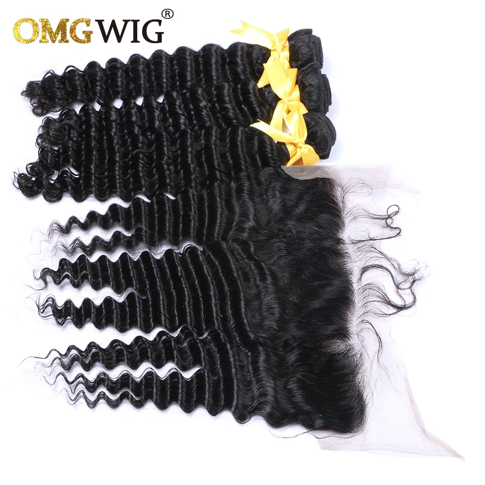 Deep Wave Natural Color Hair Bundles With 13x4 Base Closures Brazilian Human Hair Free Part Bleached Knots Transparent Lace
