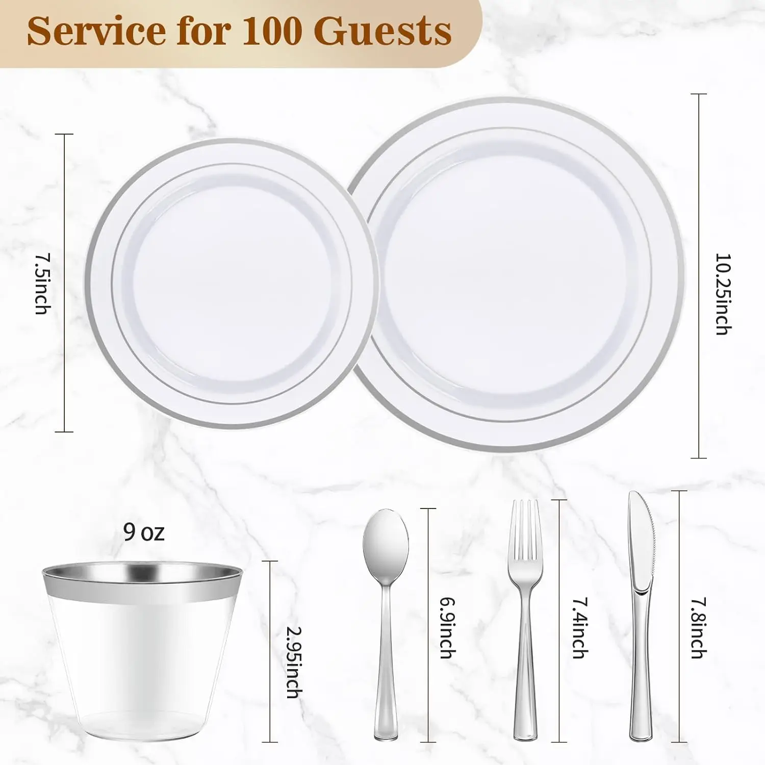 600PCS Plastic Dinnerware Set (100 Guests), Silver Disposable Plates for Party, Wedding, Includes: Dinner, Dessert, Cups, Spoons