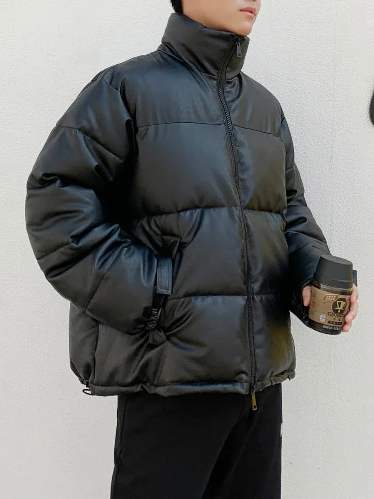 Thicken Solid Color Mens Parkas  Warm Winter Leather Coats Fashion Male Loose Cotton Padded Jackets