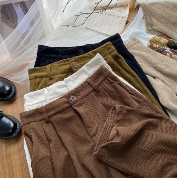 2023 High Waist Women Retro Corduroy Pants Fall Straight Causal Full Length Trousers Vintage Coffee Pockets All Match Pants New