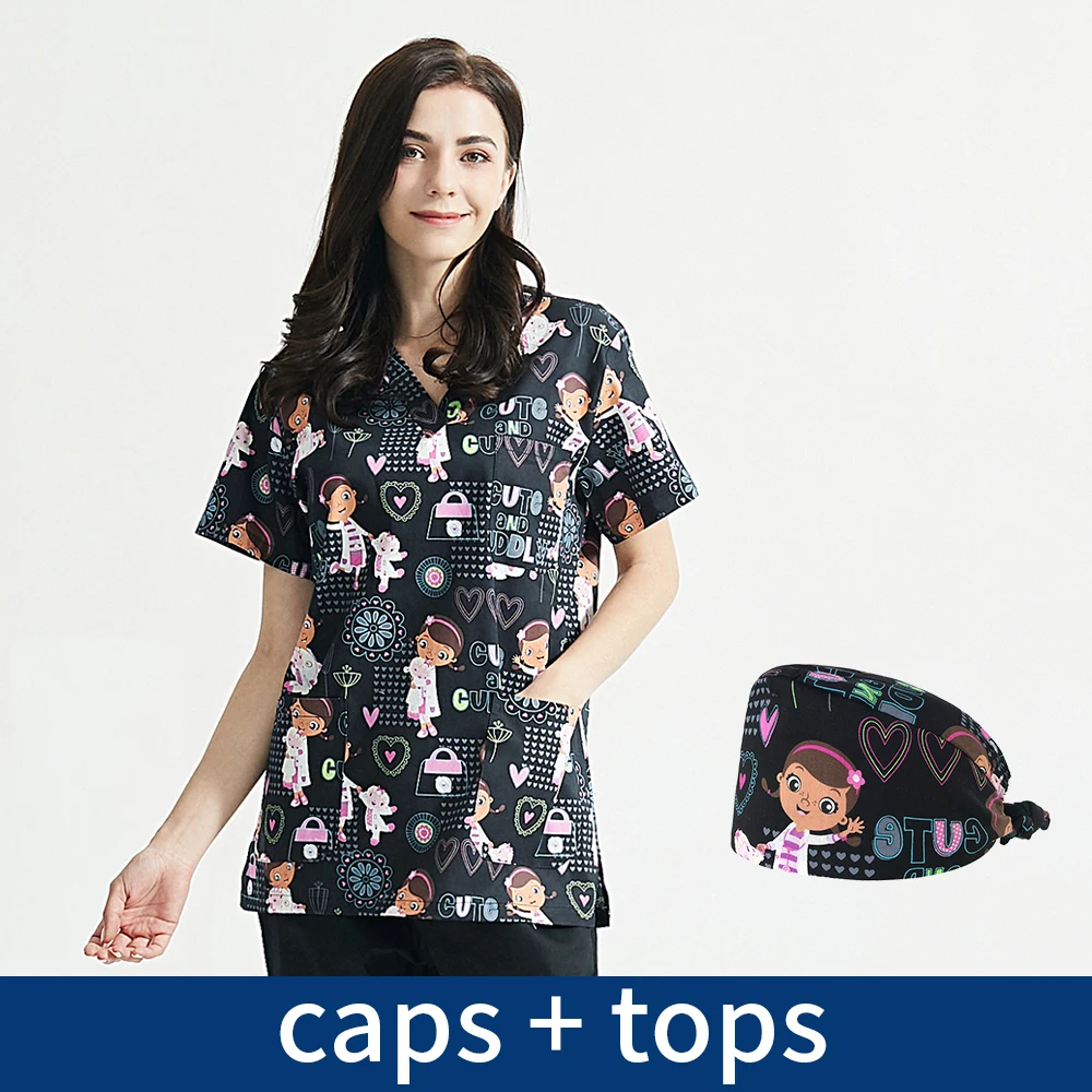 Beauty Salon Work Clothes Experimenter Scrubs Tops Unisex Print Pet Grooming Institutions V-Neck Scrub Tops nurse scrubs top working uniform blouse