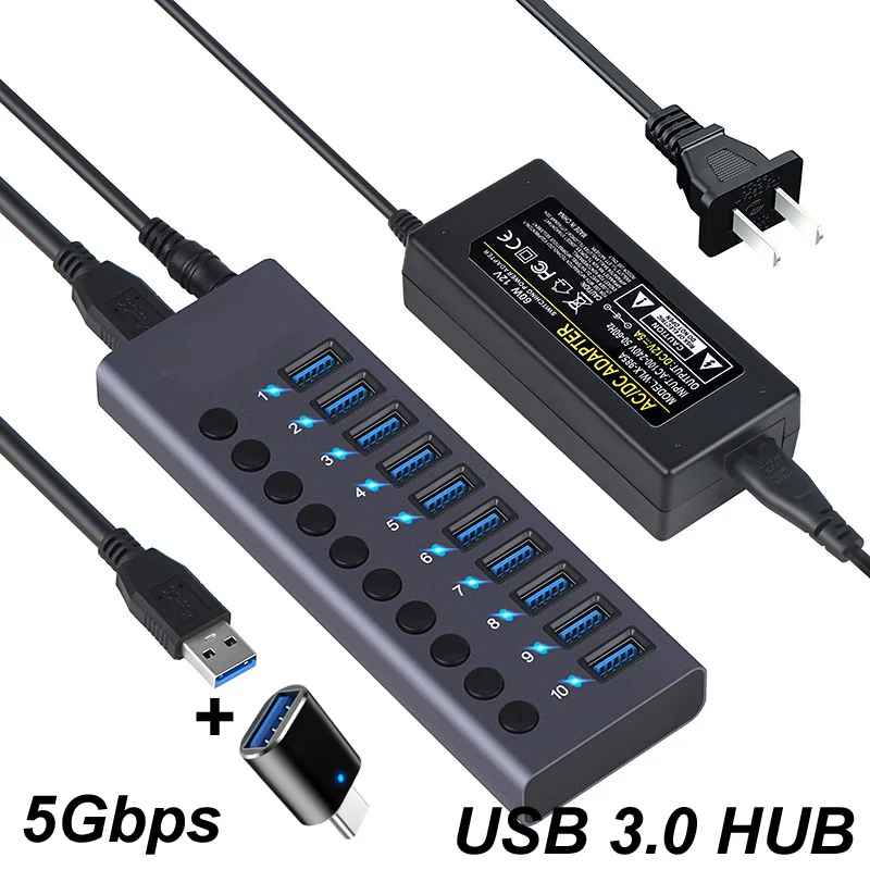 

10 Ports USB 3.0 HUB Charging 5Gbps Data Transfer External Splitter Docking Station Power 60W LED Light Switch Convert Adapter