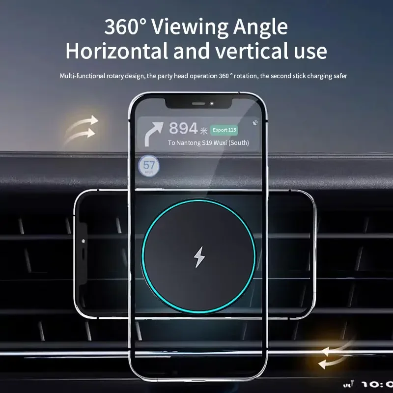 LED 라이트 마그네틱 자동차 무선 충전기, 휴대폰 에어 벤트 칩 마운트 거치대, 아이폰 15, 14, 13, 12 프로 맥스, 자석 자동차 고속 충전