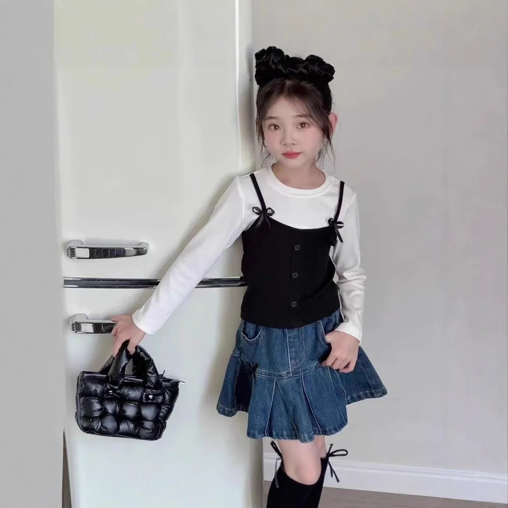 Fashion Korean Style False Two-piece Top Princess Bow Long Sleeve T-shirt Elegant Base Shirt Girls Wear