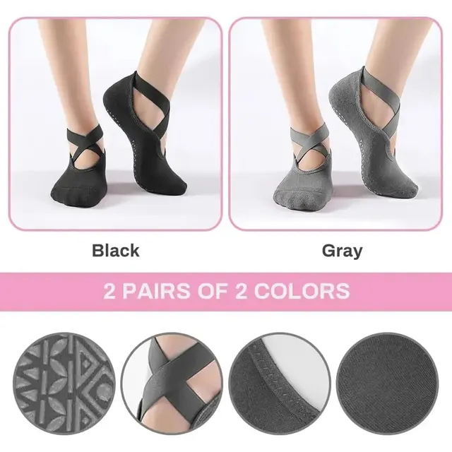 2 Pairs Women Yoga Socks Silicone Anti-slip Ballet Pilates Socks Cotton Ladies Backless Breathable Bandage Dance Sports Socks 5