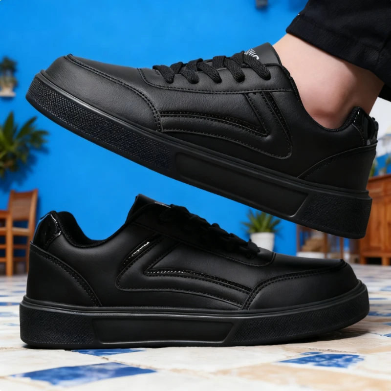 Men's All Black Casual Sneakers Classic Design Flat Shoes Daily Life Casual Lace-Up Shoes Fashion Comfortable Walking Sneakers