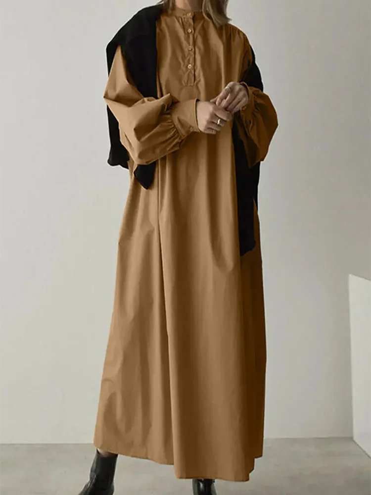 Cotton Linen Daily Solid Simple Stand Collar Women's Muslim Long Dress Dubai Turkey Puff Sleeved Abaya Lady Loose Plus-size Robe