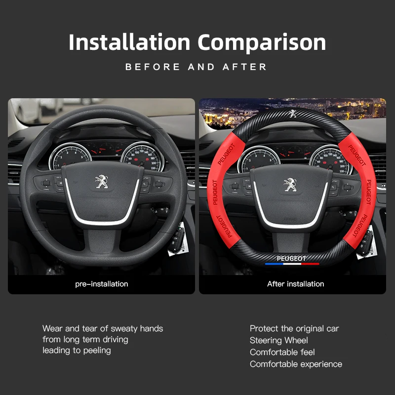 38cm Car Carbon Fiber Steering Wheel Cover For Peugeot 206 2008 3008 208 308 307 508 Car Interior Non-slip Steering Wheel Cover