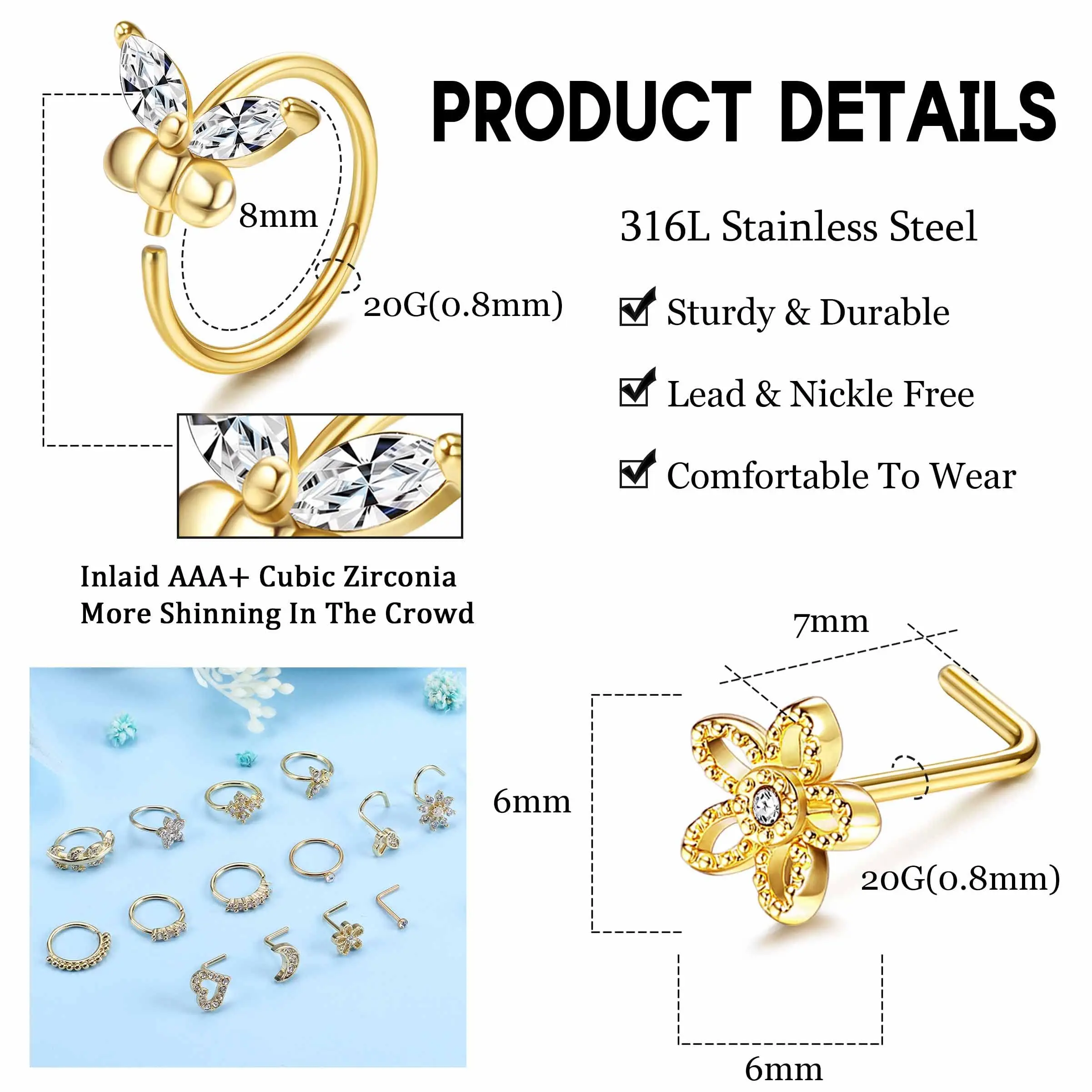 Nose Rings Studs For Women Surgical Steel 20G