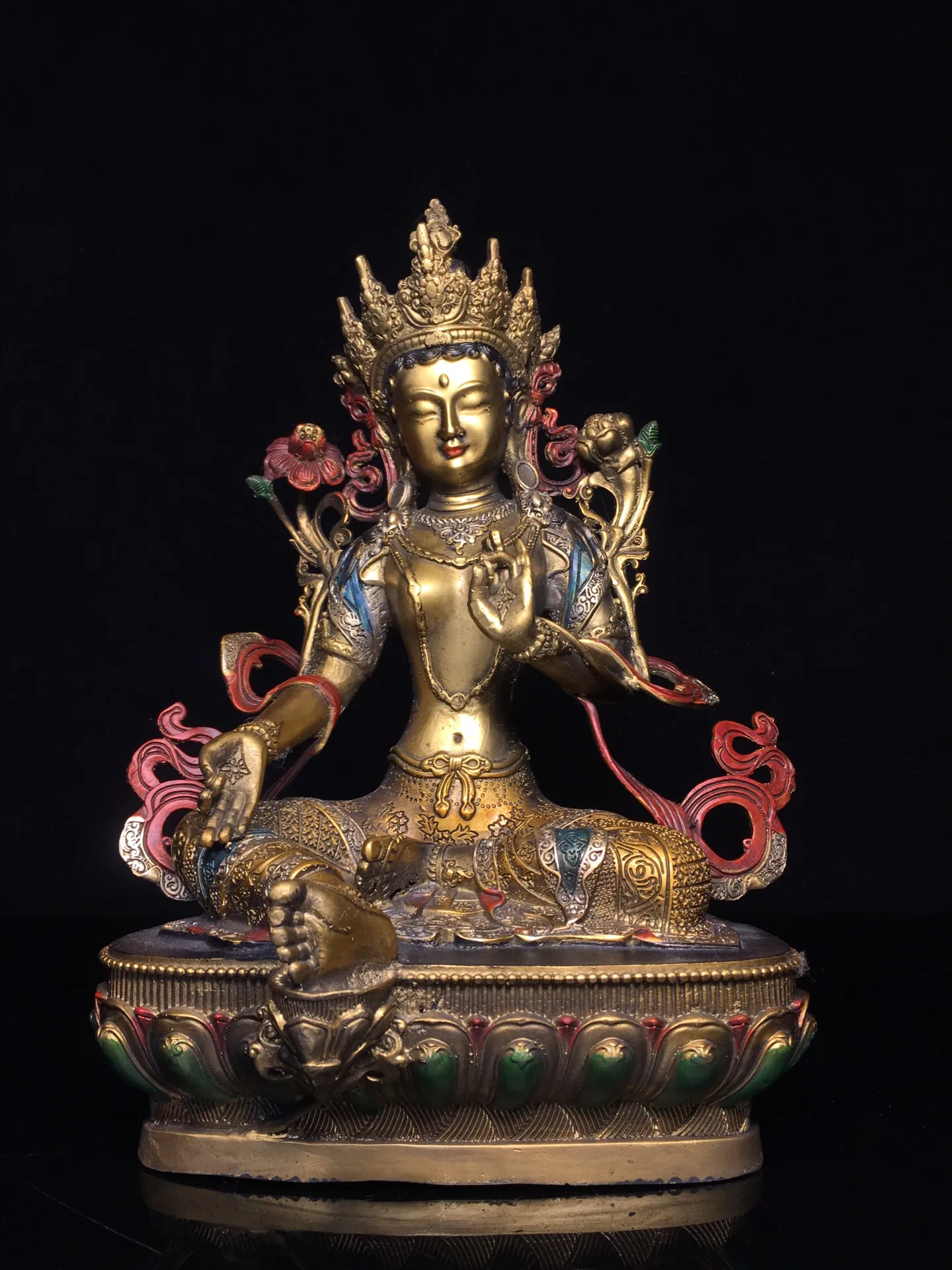 

13"Tibet Temple Collection Old Bronze Painted Green Tara Tibetan Buddha Lotus Platform Worship Hall Town house Exorcism