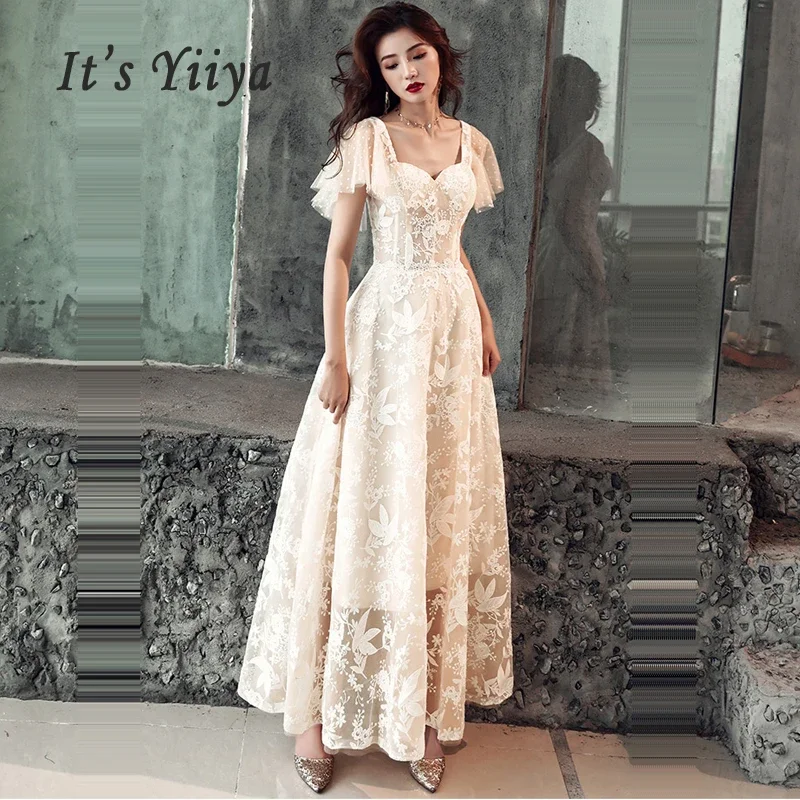

Clearance Evening Dress Beige Lace Square Collar Shot Sleeves A-line Floor-length Zipper Robe De Soiree Women Party Gowns E686