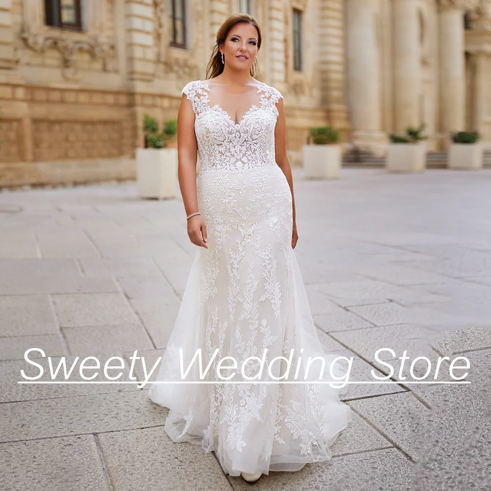 

Classic Plus Size Wedding Dress Mermaid Bridal Gown Cap Sleeve Scoop See Through Applique Sweep Train Backless Bride Dresses