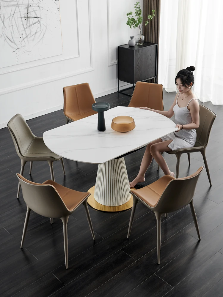 

Retractable light luxury rock plate round table household rotary multifunctional dining table square round dual-purpose small fa