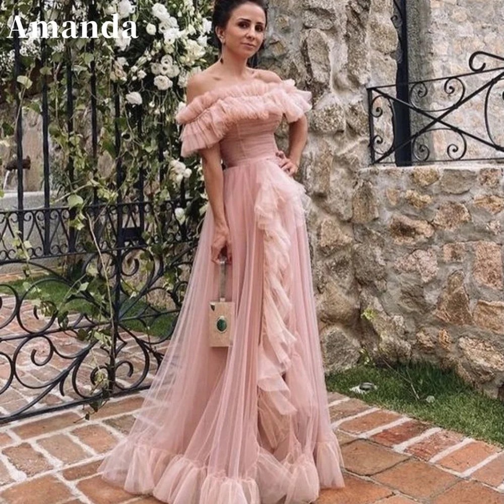 

Amanda Elegant Off Shoulder A-line فساتين السهرة Crimping Tulle Nude Pink Prom Dress 2023 Sexy Sleeveless Prom Gown