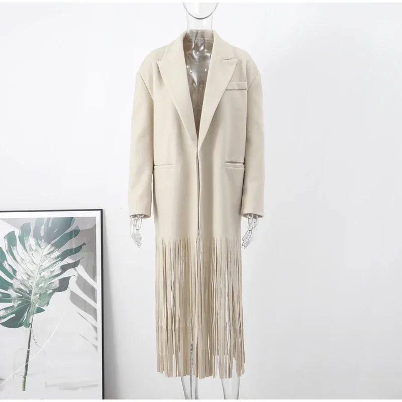 Abrigo largo de lana con borlas para mujer, chaqueta holgada de manga larga con solapa y botonadura sencilla, color marrón, primavera 2025