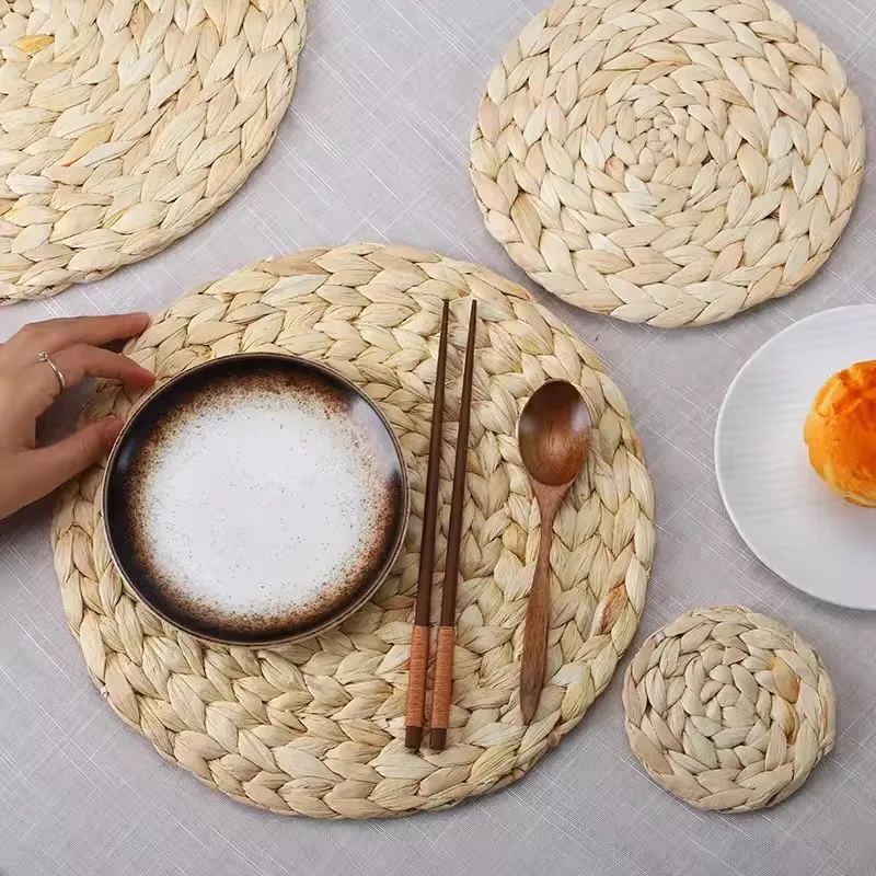 Natural Handmade Straw Woven Placemat, Round Braided Placemat, Table Mat, 4Pcs