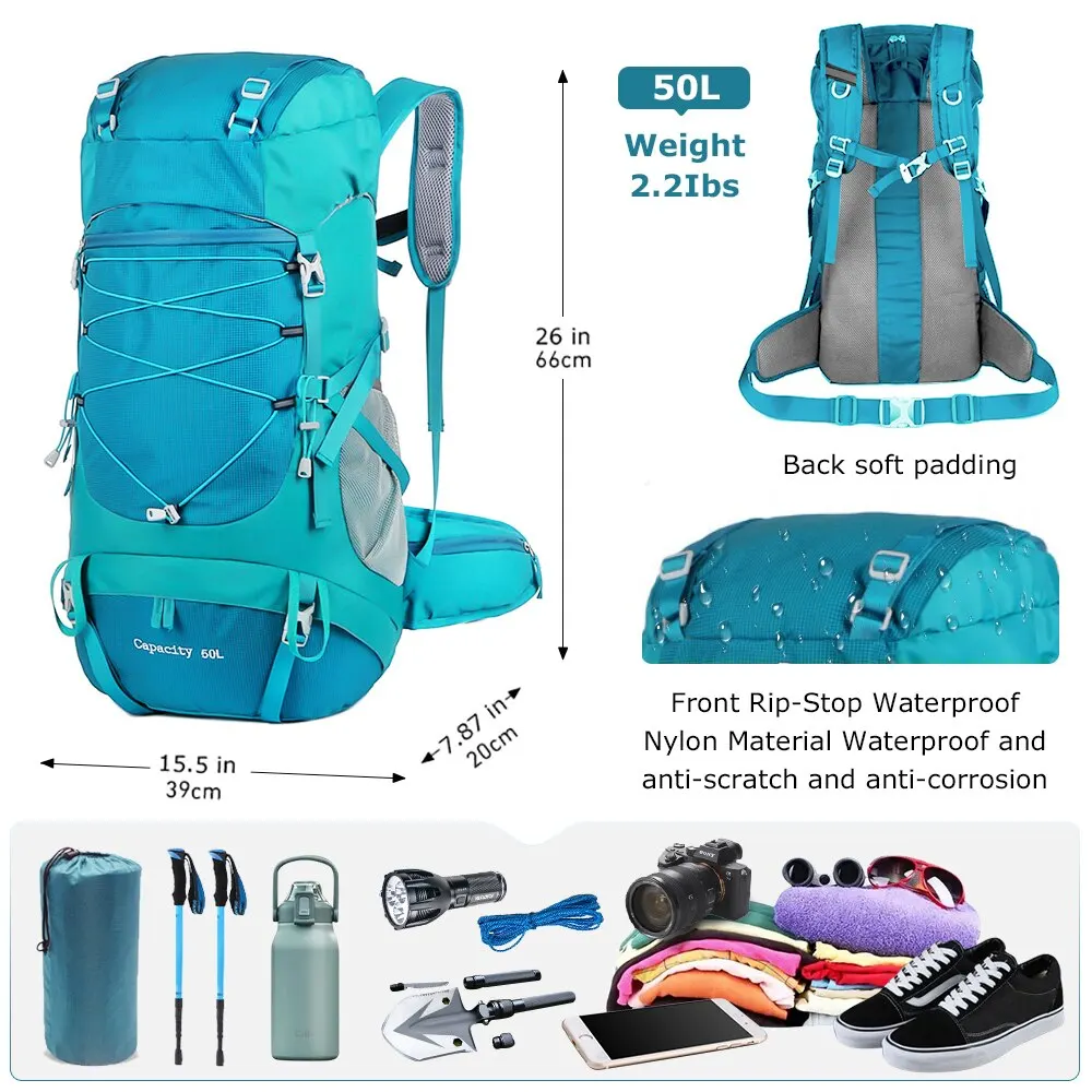 Mountaineering Backpack 50L WESTTUNE with Rain Cover for Travel Trekking Camping