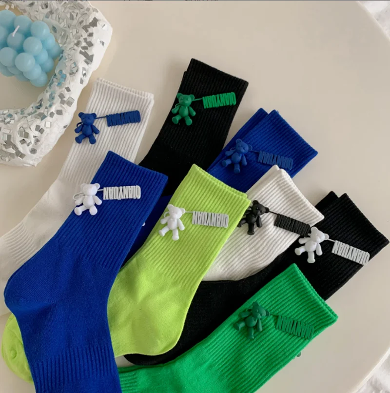 Black and White Pure Color Tube Socks Female Pin Bear Lovely Personality Tide Socks INS Korean Students Long Tube Cotton Socks
